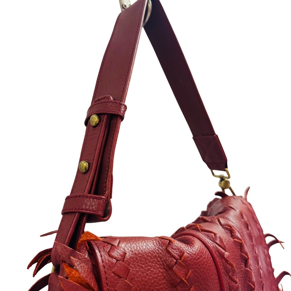 Bixi Awotan Seneca Red Pebbled Leather Fringe Braided Shoulder Bag Tassel Boho - Picture 4 of 13